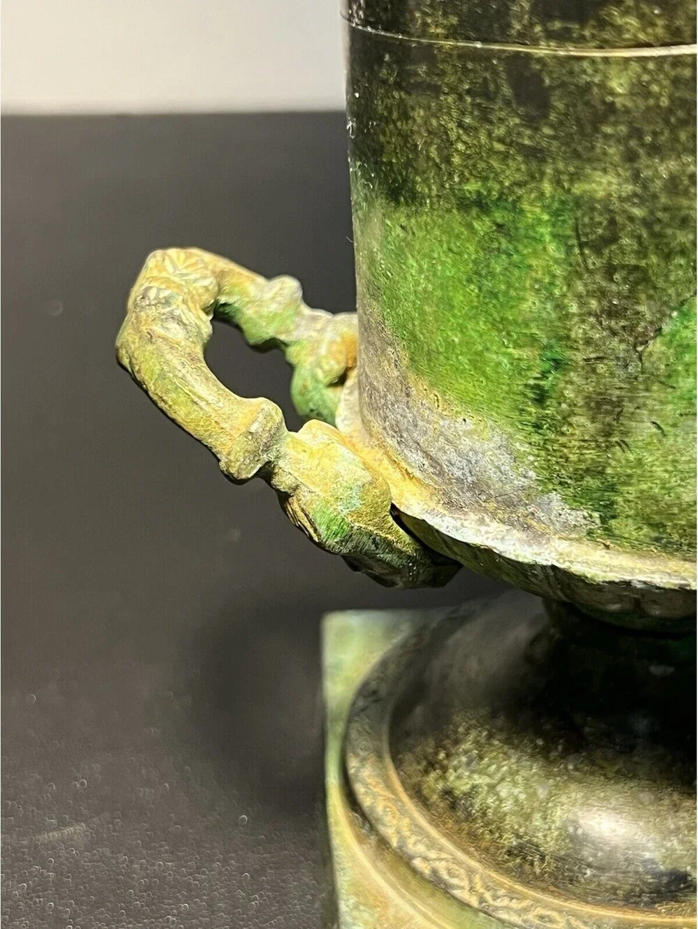 Blue Ridge Design 1980s Brass Enamel Verdigris Trumpet Urn Vase, 8x14”